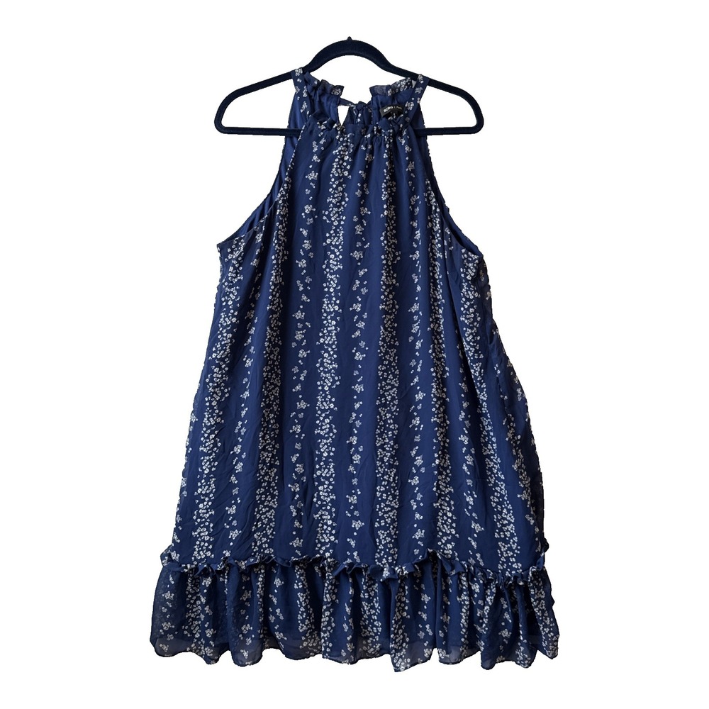BCBG Paris‎ Navy Floral Sleeveless Halter Ruffle Flowy Chiffon Dress XL Cottage